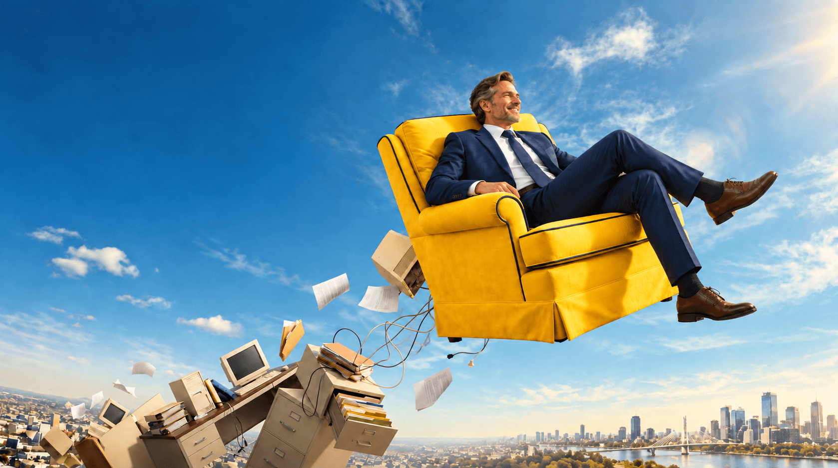Ondernemer in een gele fauteuil boven verouderde kantoorapparatuur